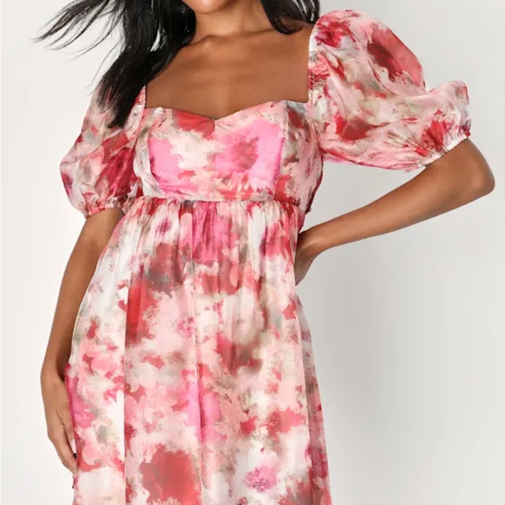 Lulu's Darling Aura Pink Multi Floral Organza Babydoll Mini Dress